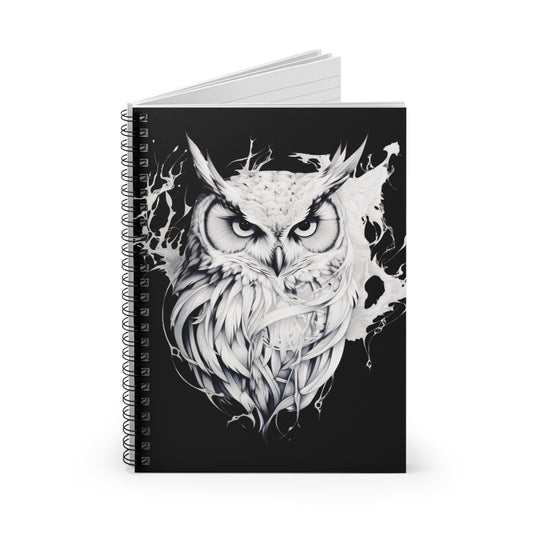 Owl Art Spiral Notebook, Creative Writing Journal, Black and White Sketch, Gift for Students, Unique Stationery, Note Taking