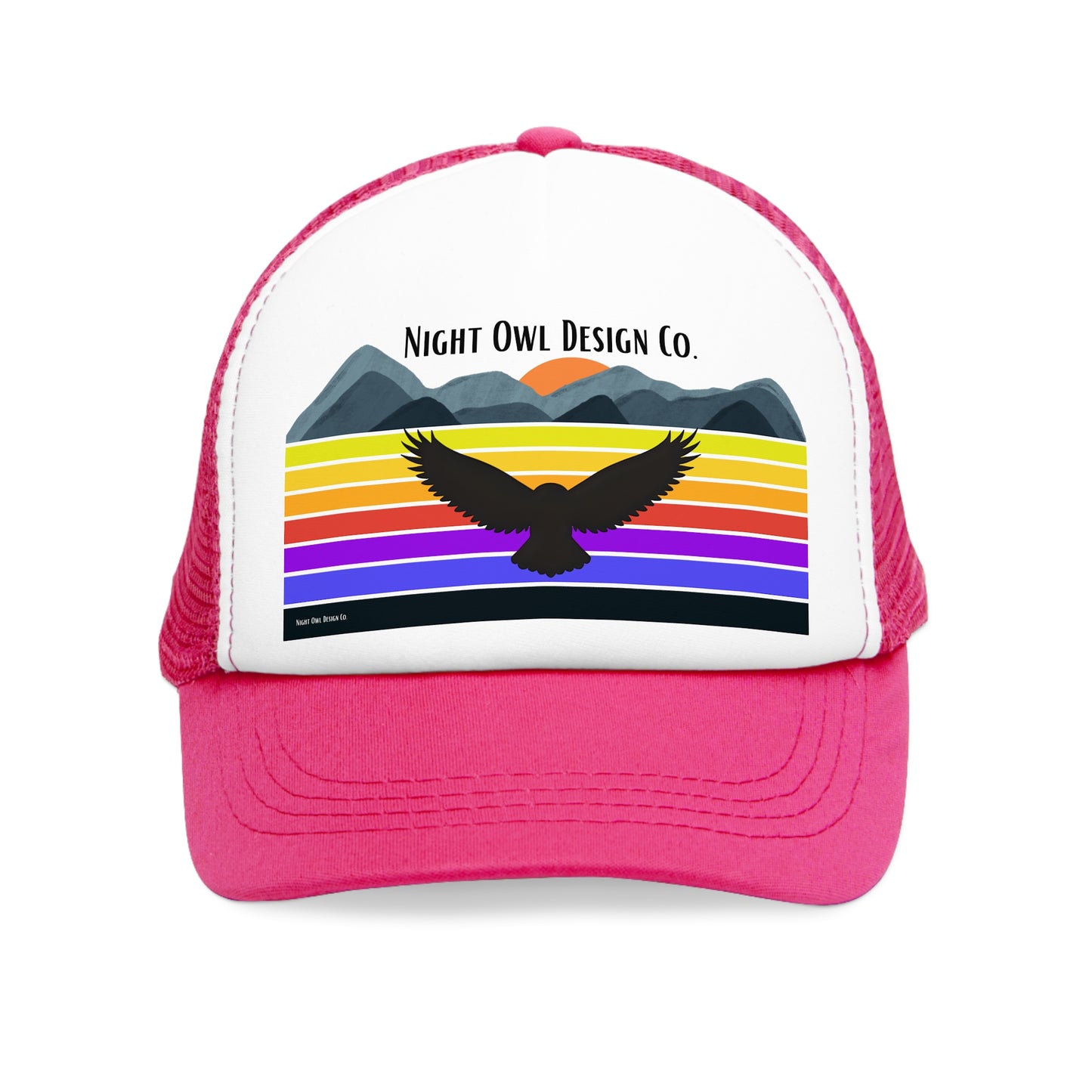 Night Owl Design Co. original Retro Mountain Trucker Cap | Fun Outdoor Hat | Gift for Hikers, Adventurers, & Nature Lovers, Casual Wear, LGBTQ+ Pride