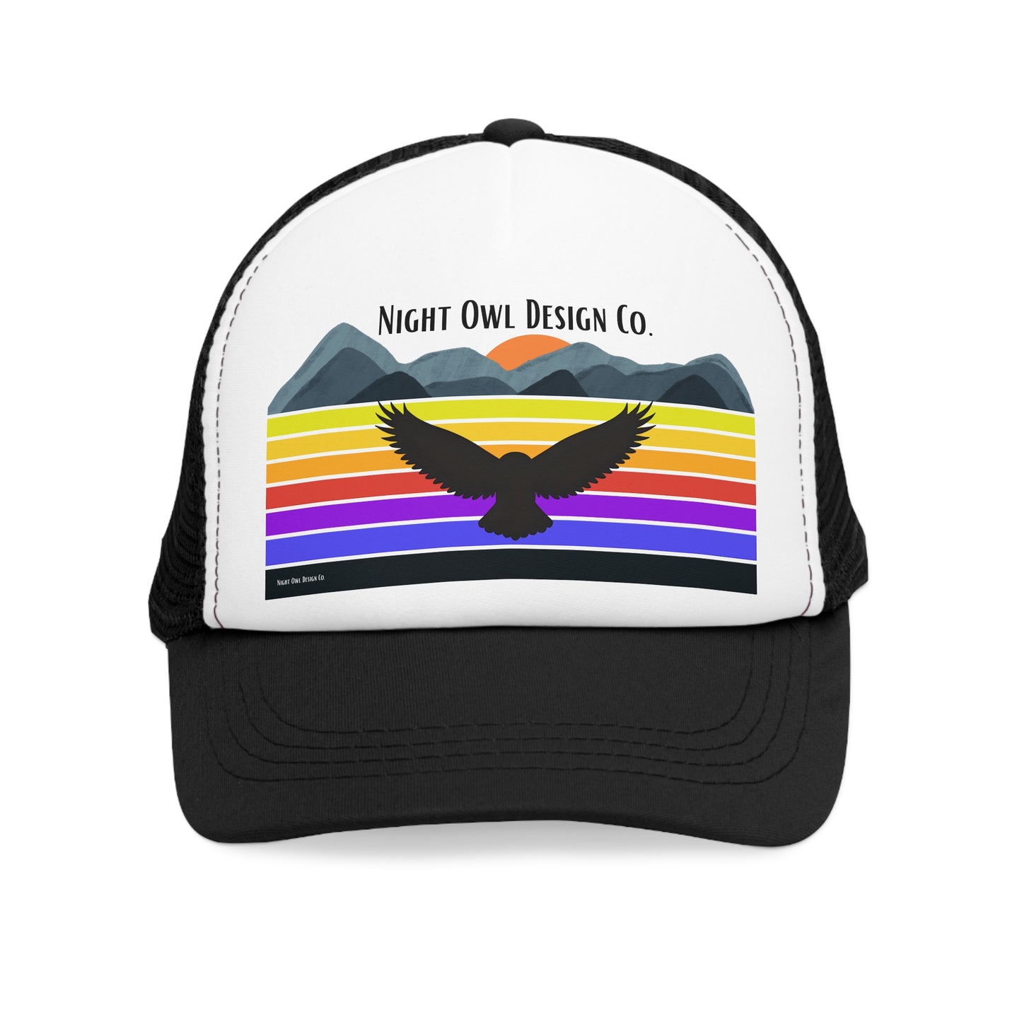 Night Owl Design Co. original Retro Mountain Trucker Cap | Fun Outdoor Hat | Gift for Hikers, Adventurers, & Nature Lovers, Casual Wear, LGBTQ+ Pride