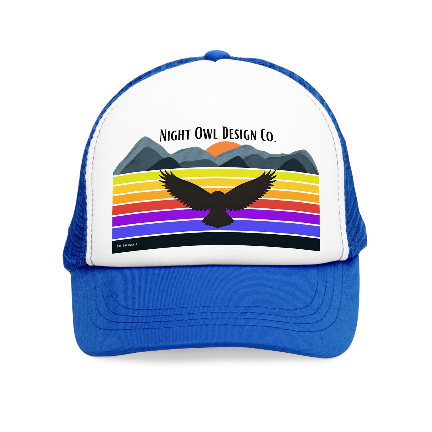 Night Owl Design Co. original Retro Mountain Trucker Cap | Fun Outdoor Hat | Gift for Hikers, Adventurers, & Nature Lovers, Casual Wear, LGBTQ+ Pride