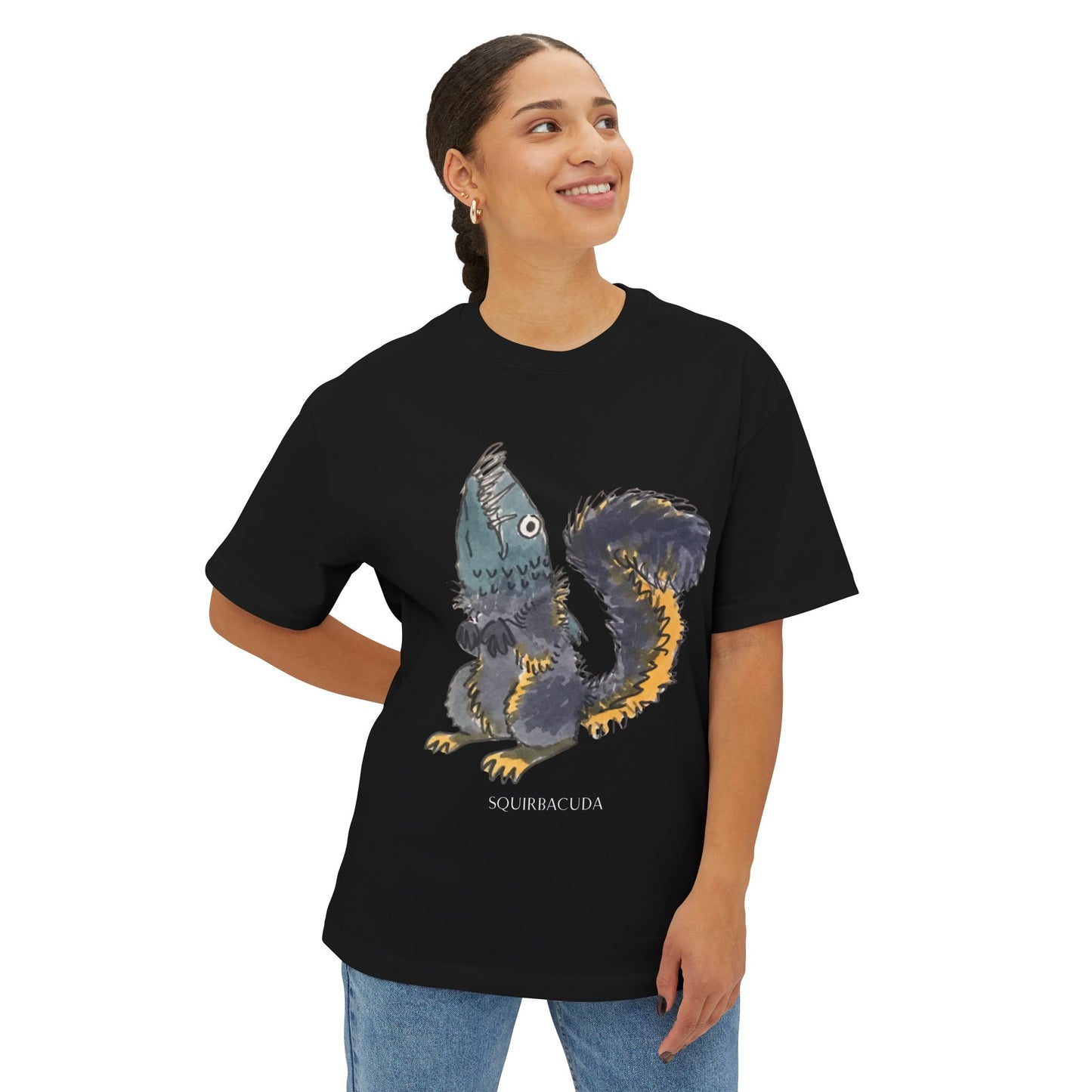 'Squirbacuda' Barracuda meets Squirrel original Design Cute Animal Graphic Boxy Tee, Unisex T-Shirt, Oversized Tee for Casual Wear, Perfect Gift for Animal Lovers, Humor Tee