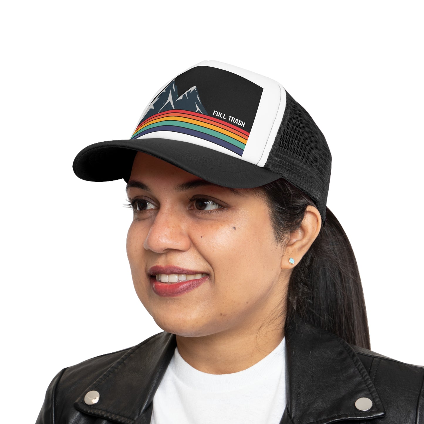 'Full Trash' Mountain Trucker Hat Retro Mountain Trucker Cap | Fun Outdoor Hat | Gift for Hikers, Adventurers, & Nature Lovers, Casual Wear, LGBTQ+ Pride