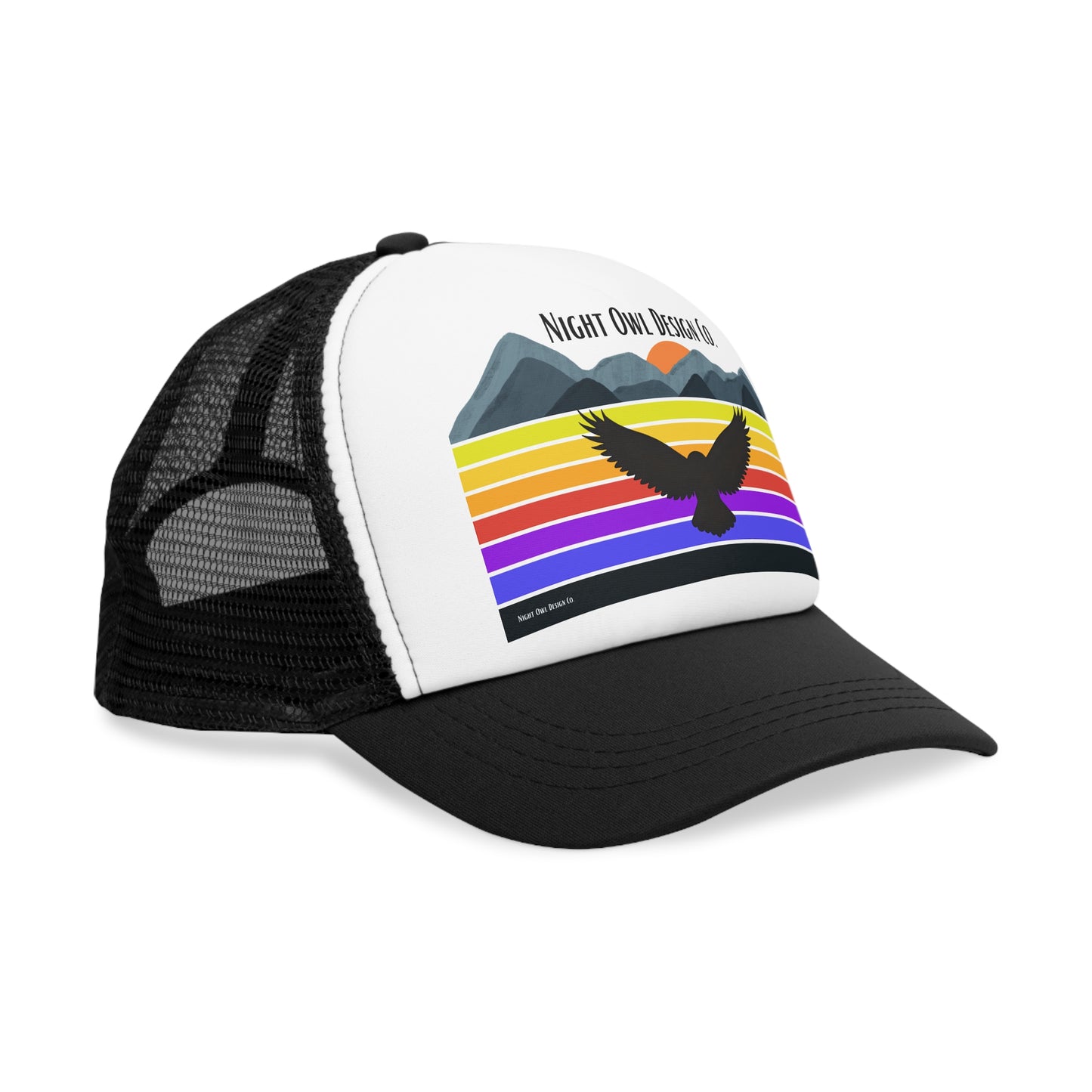 Night Owl Design Co. original Retro Mountain Trucker Cap | Fun Outdoor Hat | Gift for Hikers, Adventurers, & Nature Lovers, Casual Wear, LGBTQ+ Pride