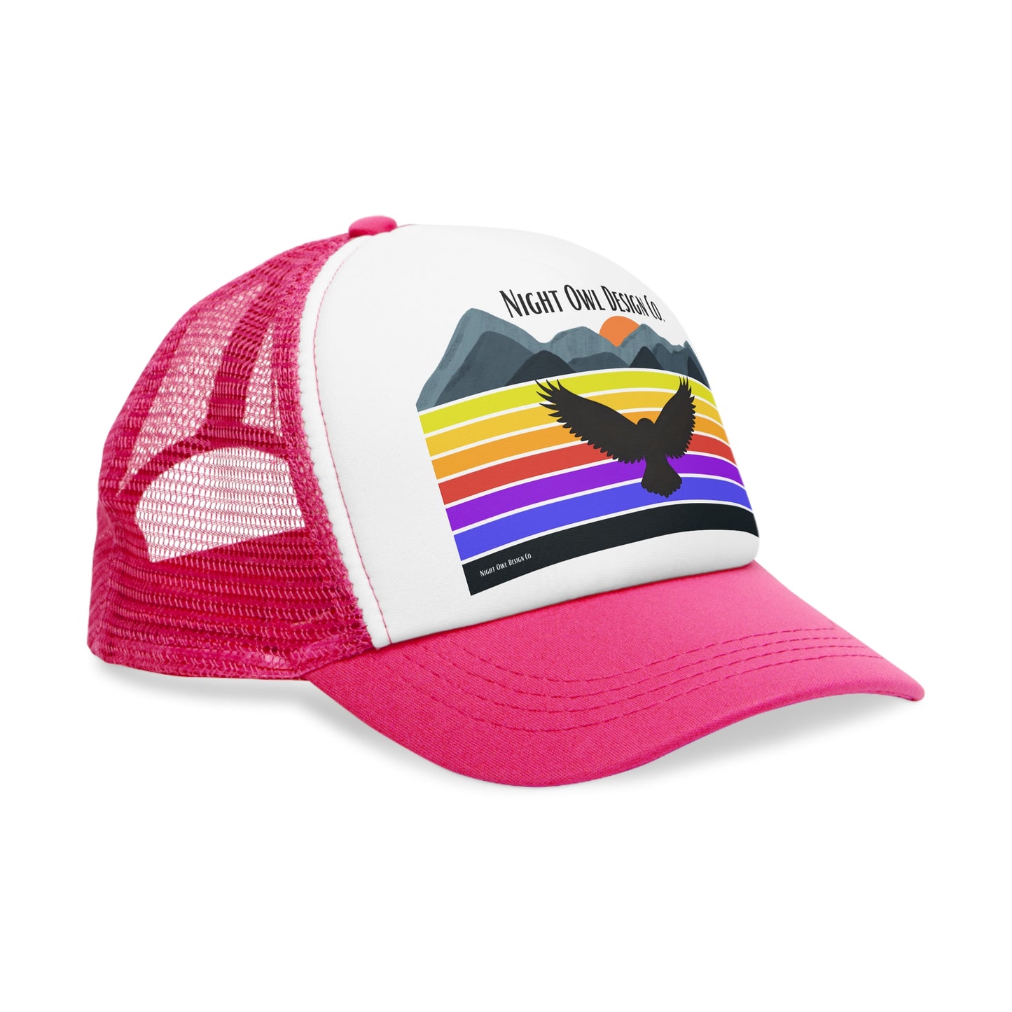 Night Owl Design Co. original Retro Mountain Trucker Cap | Fun Outdoor Hat | Gift for Hikers, Adventurers, & Nature Lovers, Casual Wear, LGBTQ+ Pride