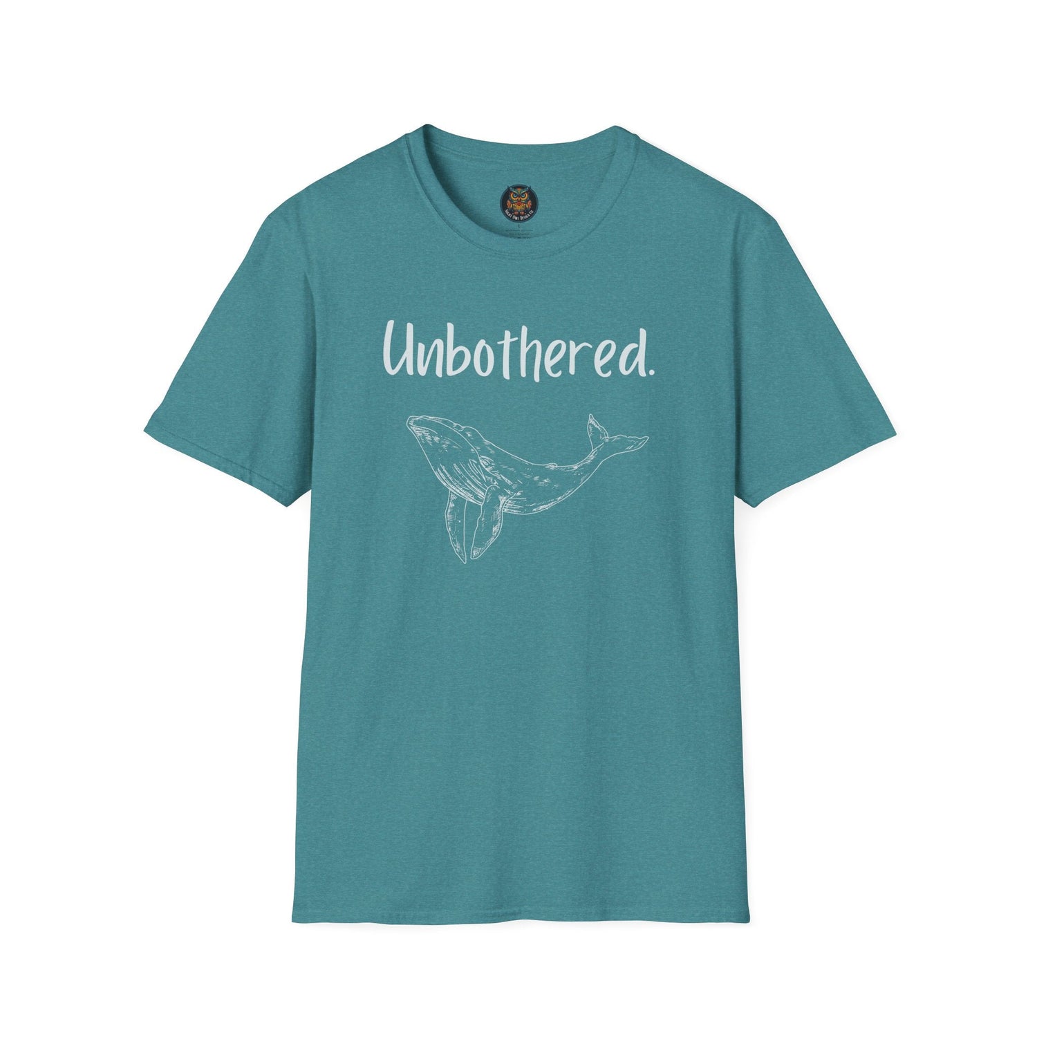 Teal Unbothered t-shirt by Night Owl Design Co., featuring a white whale illustration from the Good Feelings Collection.”