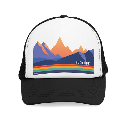 Fuck Off | Funny Retro Mountain Trucker Cap | Fun Outdoor Hat | Gift for Hikers, Adventurers, & Nature Lovers, Casual Wear, LGBTQ+ Pride