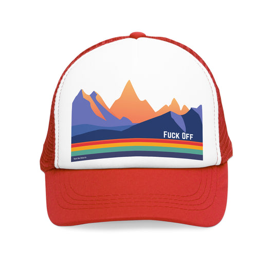 Fuck Off | Funny Retro Mountain Trucker Cap | Fun Outdoor Hat | Gift for Hikers, Adventurers, & Nature Lovers, Casual Wear, LGBTQ+ Pride