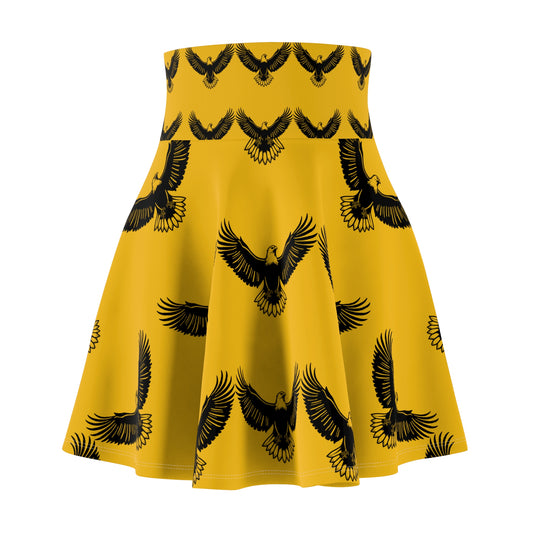 Golden Eagle Print Skater Skirt — Bold Yellow Bird Pattern, Retro Flared Mini for Casual & Fun