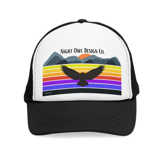Night Owl Design Co. original Retro Mountain Trucker Cap | Fun Outdoor Hat | Gift for Hikers, Adventurers, & Nature Lovers, Casual Wear, LGBTQ+ Pride