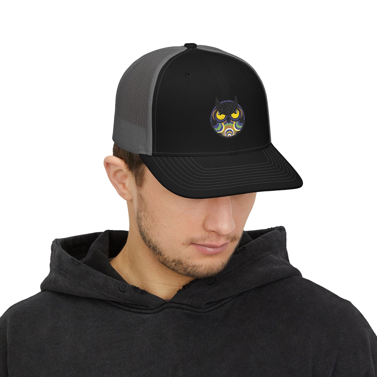 Embroidered Trucker Cap — Retro Night Owl Snapback