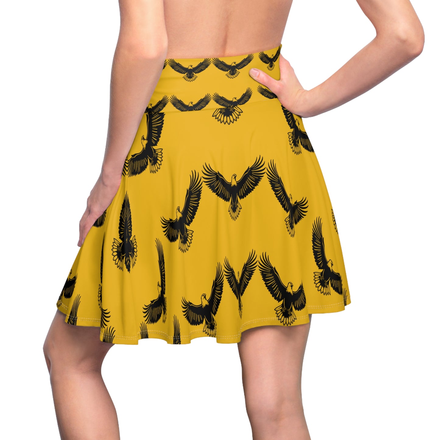 Golden Eagle Print Skater Skirt — Bold Yellow Bird Pattern, Retro Flared Mini for Casual & Fun
