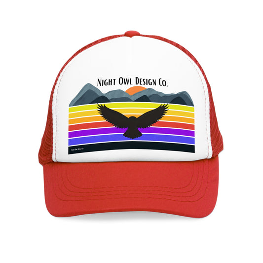 Night Owl Design Co. original Retro Mountain Trucker Cap | Fun Outdoor Hat | Gift for Hikers, Adventurers, & Nature Lovers, Casual Wear, LGBTQ+ Pride