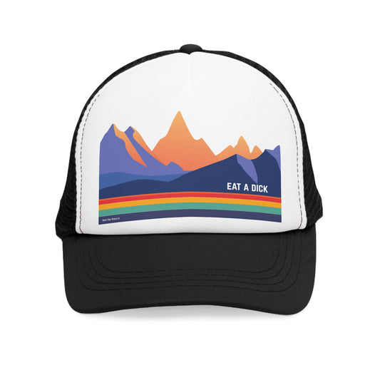Eat a Dick Funny Retro Mountain Trucker Cap | Fun Outdoor Hat | Gift for Hikers, Adventurers, & Nature Lovers, Casual Wear, LGBTQ+ Pride