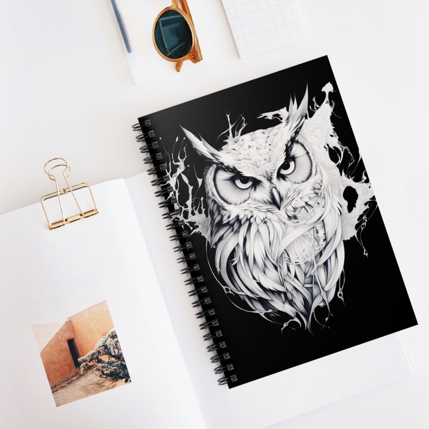 Owl Art Spiral Notebook, Creative Writing Journal, Black and White Sketch, Gift for Students, Unique Stationery, Note Taking