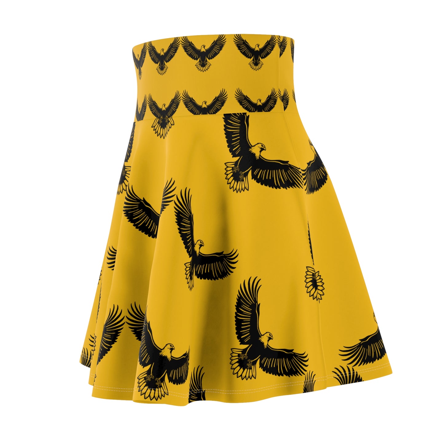 Golden Eagle Print Skater Skirt — Bold Yellow Bird Pattern, Retro Flared Mini for Casual & Fun