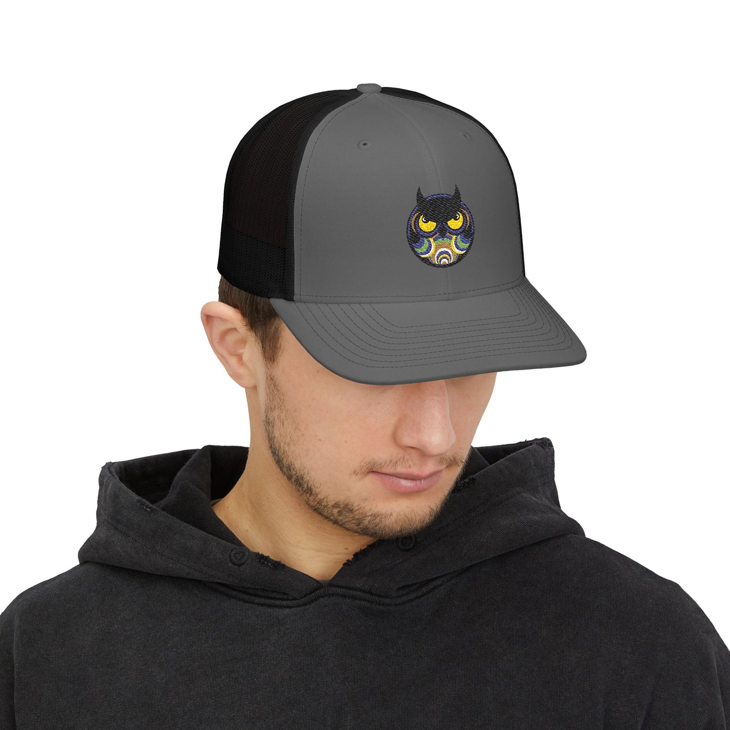 Embroidered Trucker Cap — Retro Night Owl Snapback